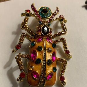 Multi Colorful Enamel Rhinestone Beetle Brooch